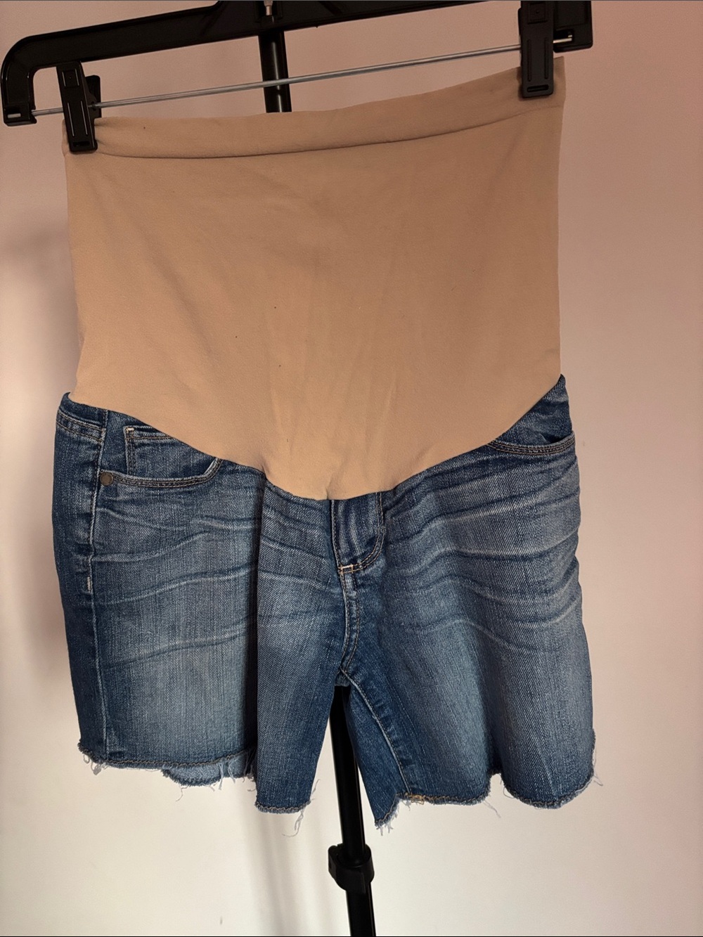PAIGE Blue Denim High-Waist Maternity Shorts with Beige Support Panel